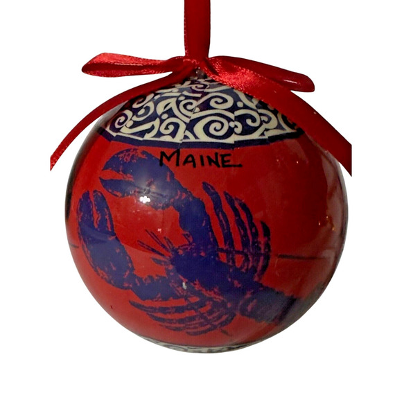 Maine Red & Blue Lobster Shatterproof Christmas Ornament Red Ribbon 3" Round - Picture 3 of 14